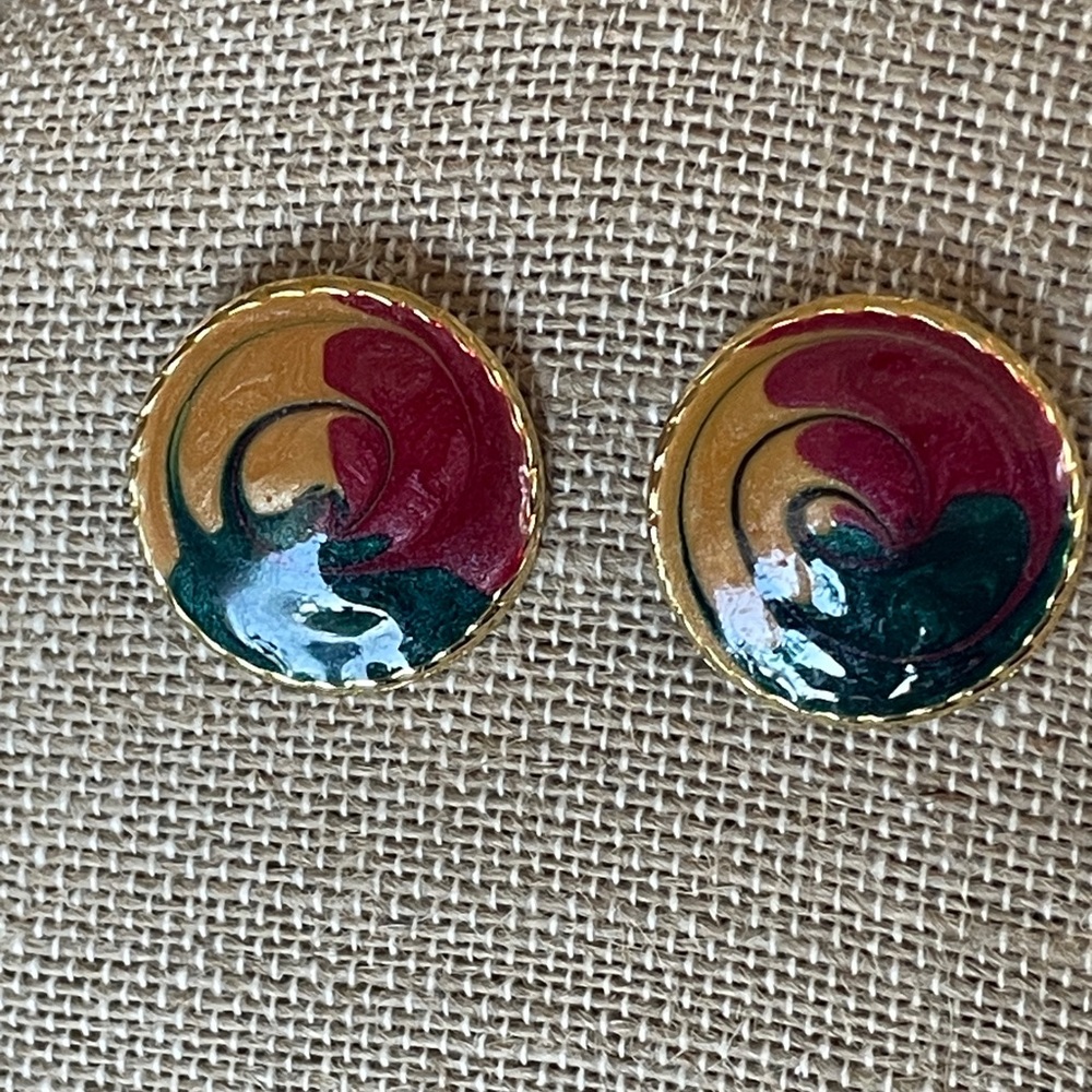 VTG 80’s Earrings 1" Round Enamel Swirl Crimson Emerald Mustard Goldtone Rope